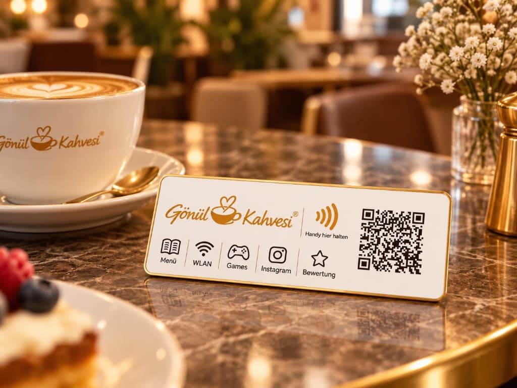 DropTap-Tischaufsteller mit Symbolen für Menü, WLAN, Games, Instagram und Bewertung, NFC-Zeichen und QR-Code neben einer Kaffeetasse