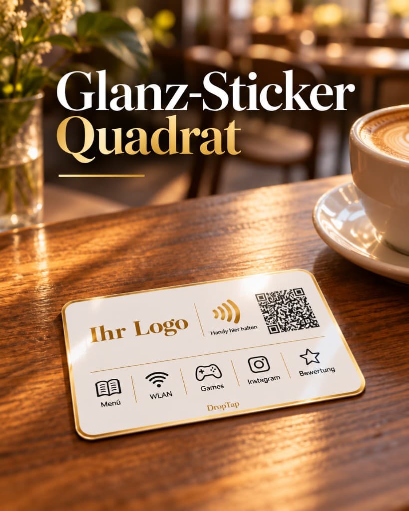 Quadratischer DropTap-Glanzsticker mit Logo, NFC-Zeichen, QR-Code und Symbolen für Menü, WLAN, Games, Instagram und Bewertung auf einem Holztisch im Café