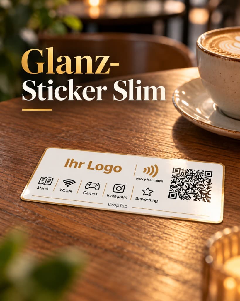 Schmaler DropTap-Glanzsticker mit Logo, QR-Code und Symbolen für Menü, WLAN, Games, Instagram und Bewertung auf einem Cafétisch