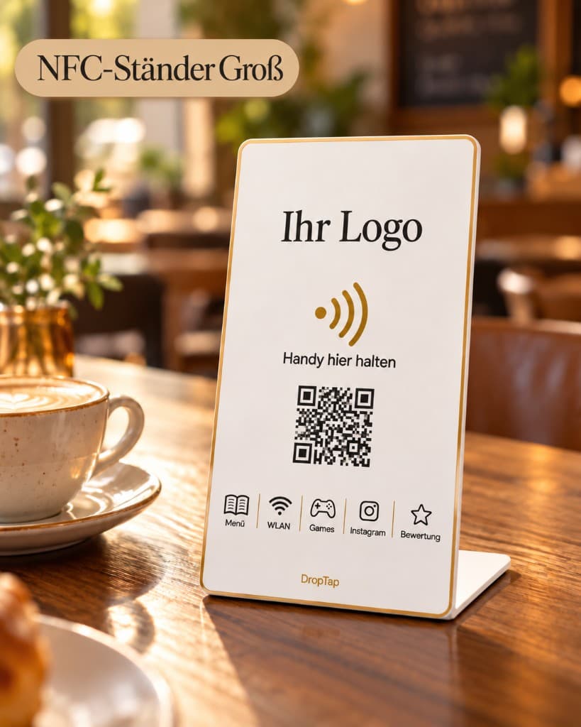 Großer aufrechter DropTap-NFC-Ständer mit Logo, QR-Code und Symbolen für Menü, WLAN, Games, Instagram und Bewertung auf einem Cafétisch
