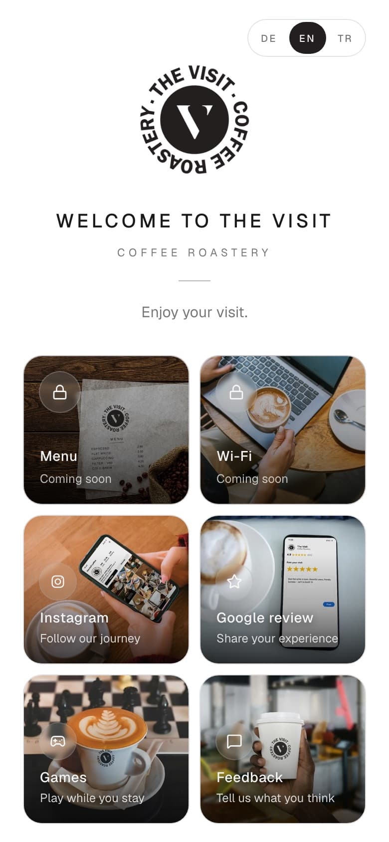 Home screen of The Visit Coffee Roastery guest page on a smartphone