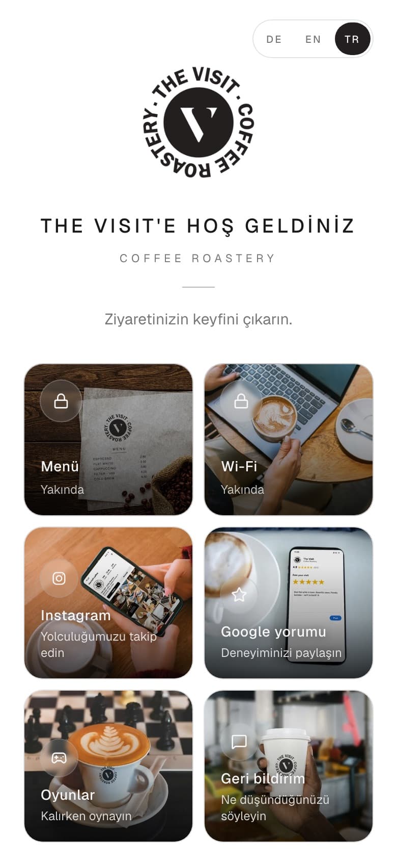 Akıllı telefonda The Visit Coffee Roastery misafir sayfasının ana ekranı